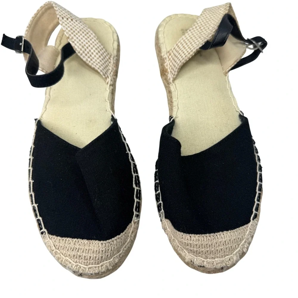Primark Espadrille Sandals Womens 7 Black Ankle Strap Wide Fit Boho Summer Flat